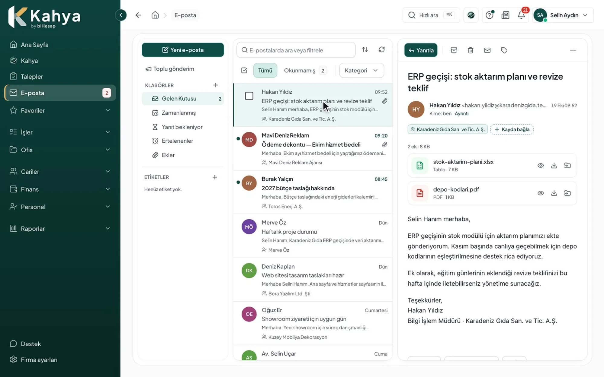 Kahya e-posta: gelen kutusu ve açık bir e-posta